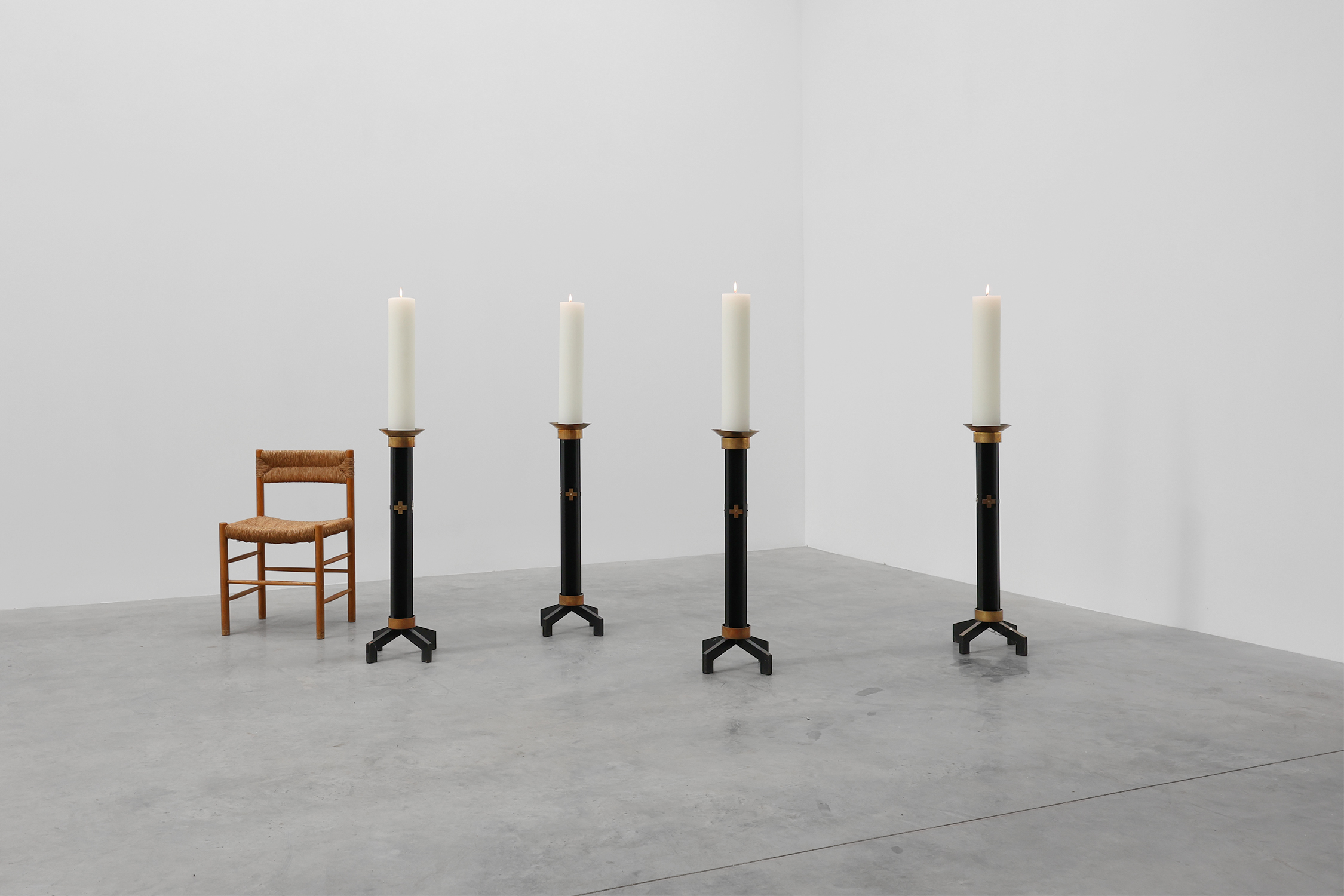Rare set of 4 very large church candle sticks in black metal and copper, 1960sthumbnail